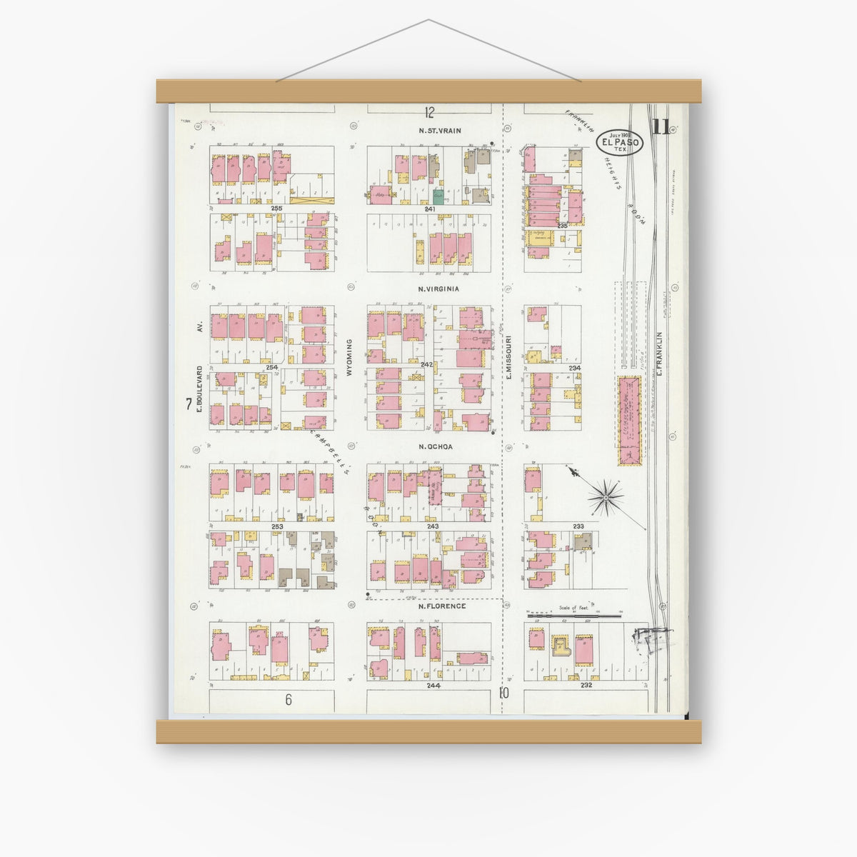 Old map wall art mockup — magnetic wood frame on white wall — Sanborn Fire Insurance Map from El Paso, El Paso County, Texas (1905), Sheet #0011