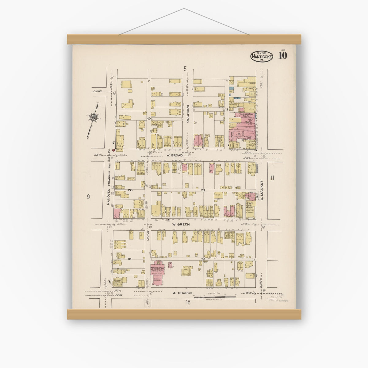 Old map wall art mockup — magnetic wood frame on white wall — Sanborn Fire Insurance Map from Nanticoke, Luzerne County, Pennsylvania (1920), Sheet #0010