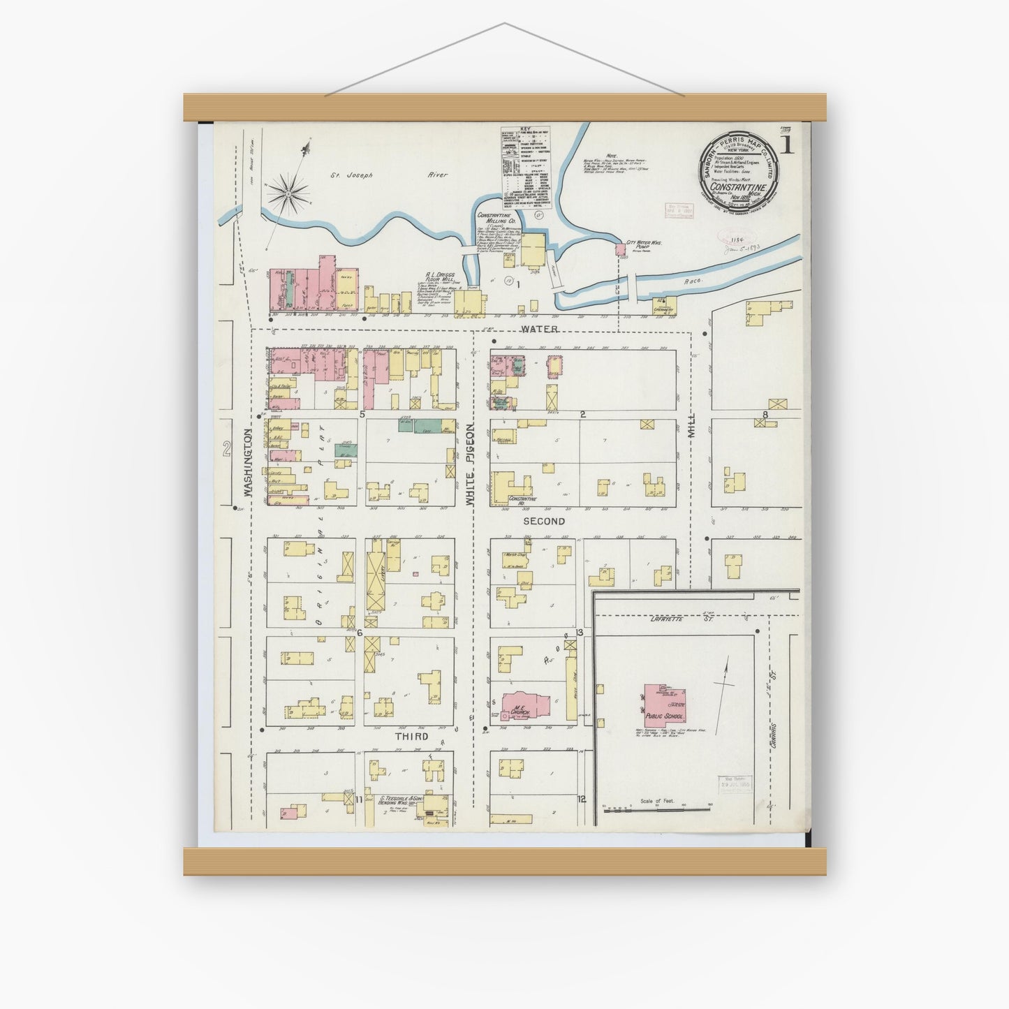 Old map wall art mockup — magnetic wood frame on white wall — Sanborn Fire Insurance Map from Constantine, Saint Joseph County, Michigan (1892), Sheet #0001