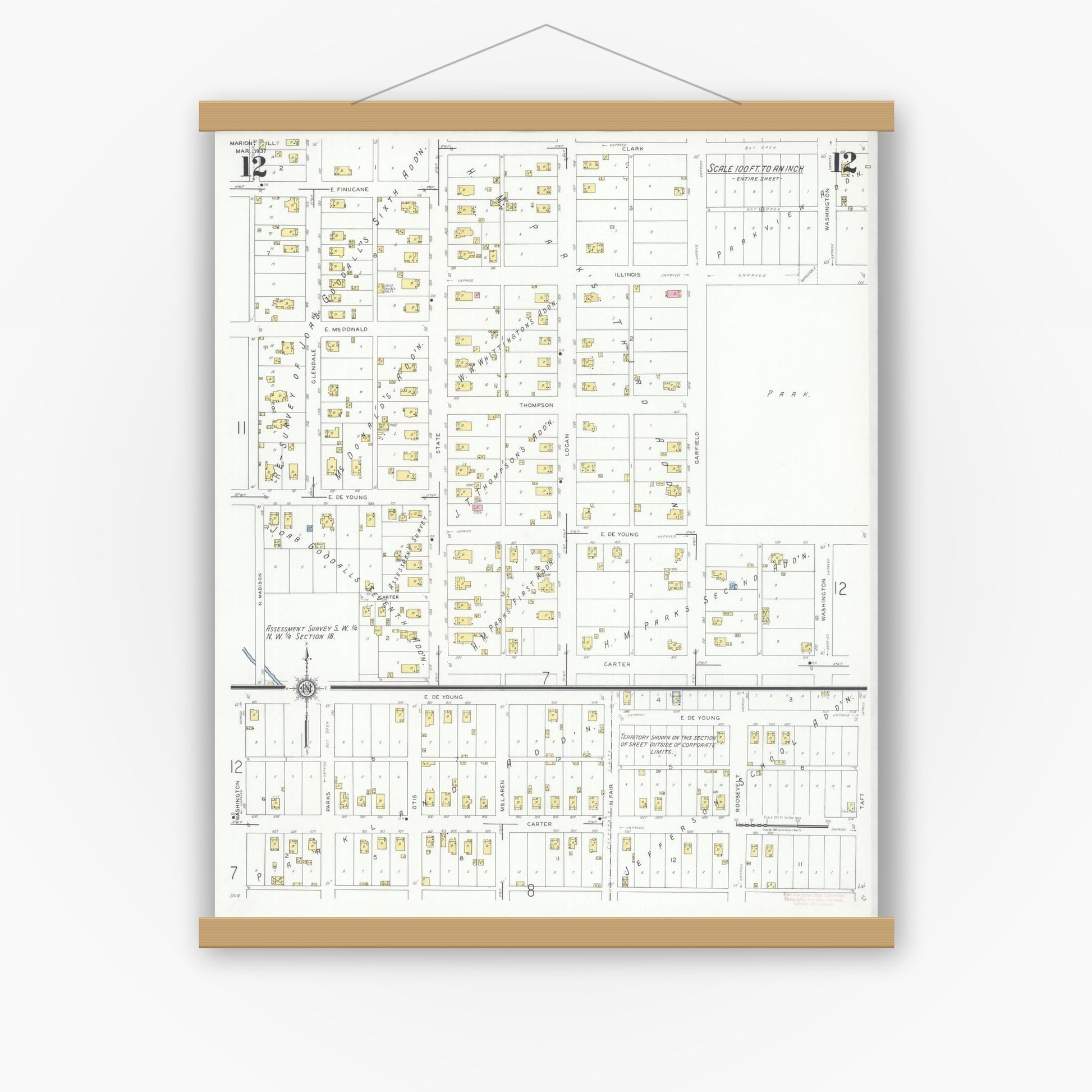Old map wall art mockup — magnetic wood frame on white wall — Sanborn Fire Insurance Map from Marion, Williamson County, Illinois (1937), Sheet #0012