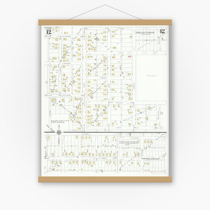 Old map wall art mockup — magnetic wood frame on white wall — Sanborn Fire Insurance Map from Marion, Williamson County, Illinois (1937), Sheet #0012