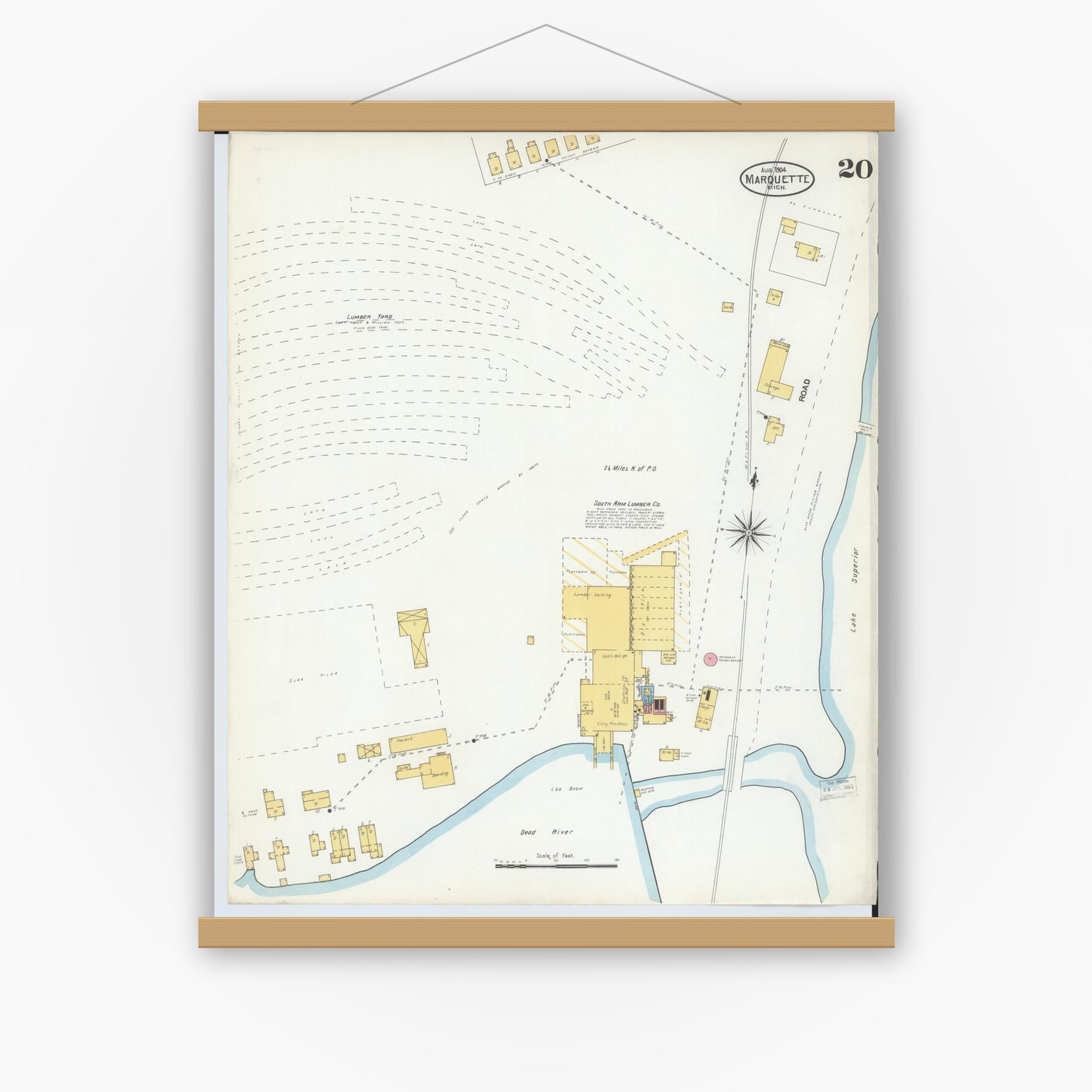 Old map wall art mockup — magnetic wood frame on white wall — Sanborn Fire Insurance Map from Marquette, Marquette County, Michigan (1904), Sheet #0020