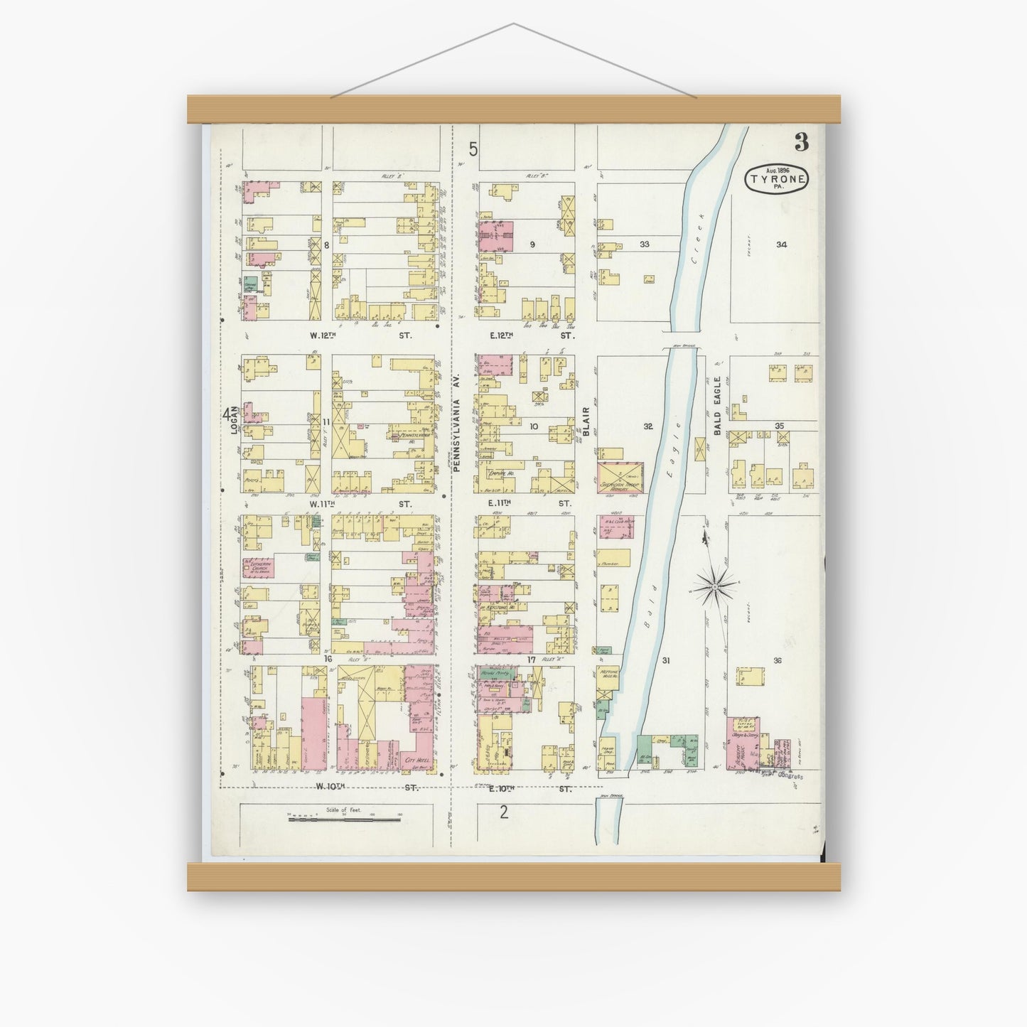 Old map wall art mockup — magnetic wood frame on white wall — Sanborn Fire Insurance Map from Tyrone, Blair County, Pennsylvania (1896), Sheet #0003