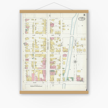 Old map wall art mockup — magnetic wood frame on white wall — Sanborn Fire Insurance Map from Tyrone, Blair County, Pennsylvania (1896), Sheet #0003