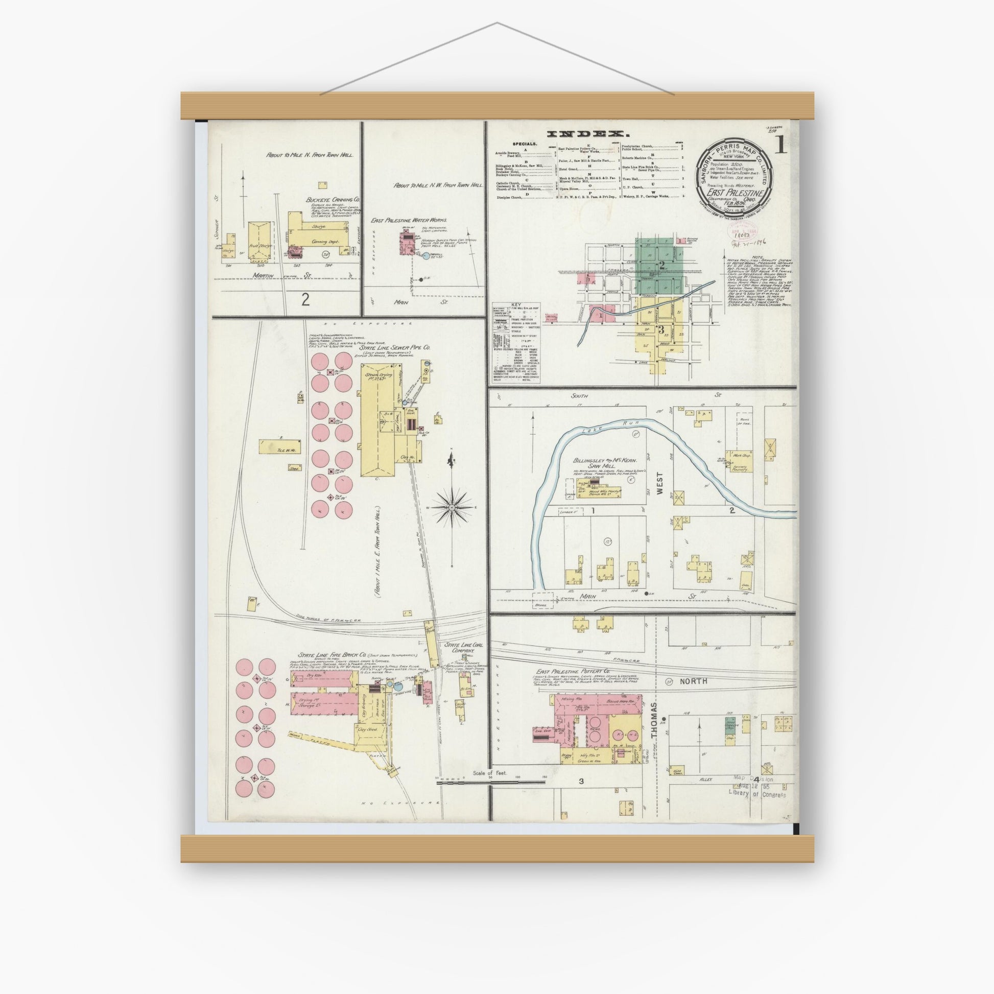 Old map wall art mockup — magnetic wood frame on white wall — Sanborn Fire Insurance Map from East Palestine, Columbiana County, Ohio (1896), Sheet #0001