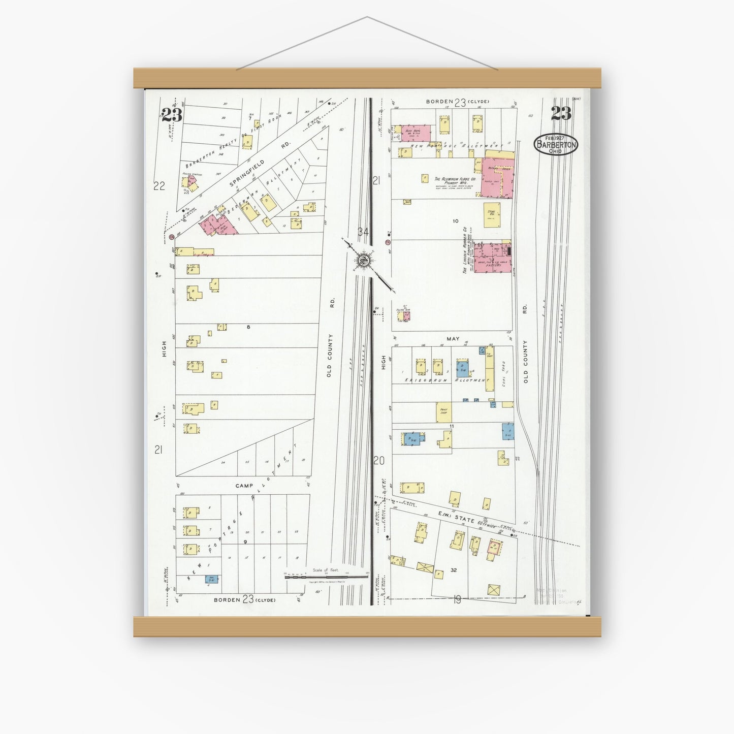 Old map wall art mockup — magnetic wood frame on white wall — Sanborn Fire Insurance Map from Barberton, Summit County, Ohio (1927), Sheet #0023