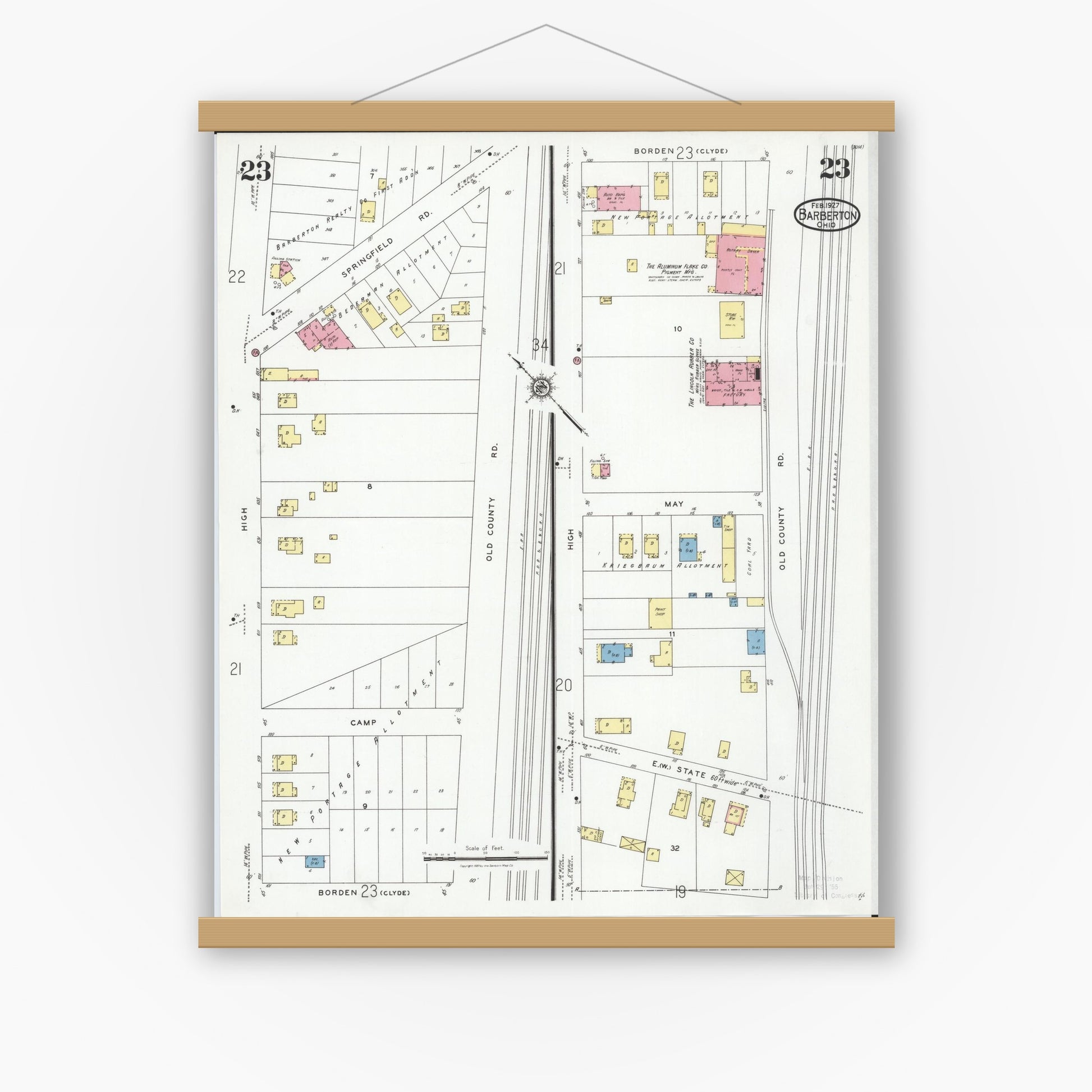 Old map wall art mockup — magnetic wood frame on white wall — Sanborn Fire Insurance Map from Barberton, Summit County, Ohio (1927), Sheet #0023