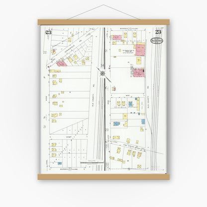 Old map wall art mockup — magnetic wood frame on white wall — Sanborn Fire Insurance Map from Barberton, Summit County, Ohio (1927), Sheet #0023