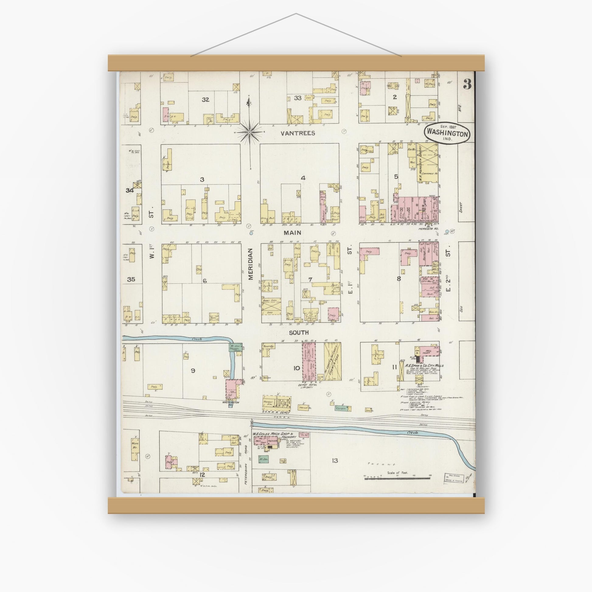 Old map wall art mockup — magnetic wood frame on white wall — Sanborn Fire Insurance Map from Washington, Daviess County, Indiana (1887), Sheet #0003