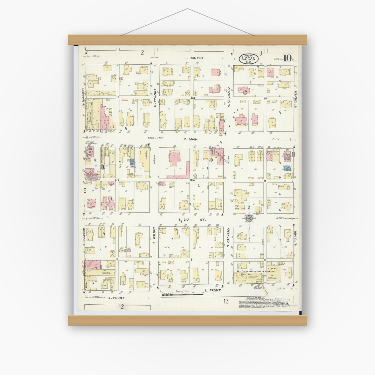 Old map wall art mockup — magnetic wood frame on white wall — Sanborn Fire Insurance Map from Logan, Hocking County, Ohio (1914), Sheet #0010