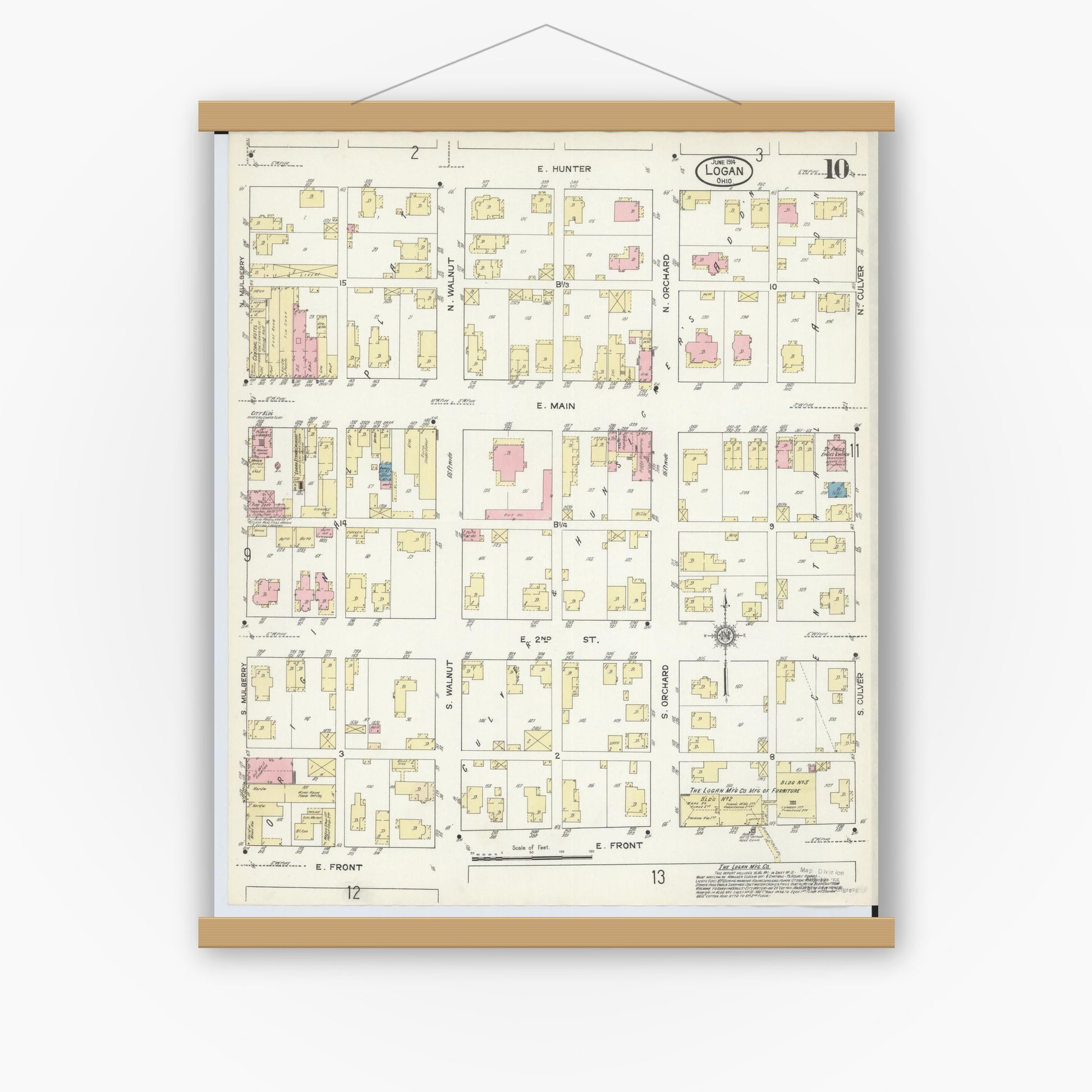 Old map wall art mockup — magnetic wood frame on white wall — Sanborn Fire Insurance Map from Logan, Hocking County, Ohio (1914), Sheet #0010
