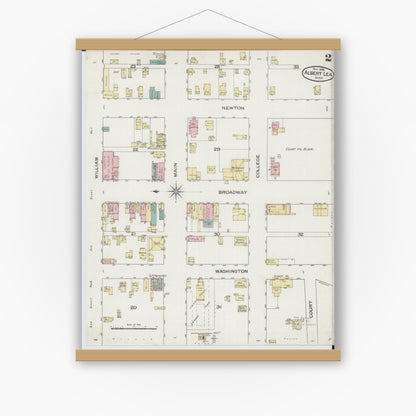 Old map wall art mockup — magnetic wood frame on white wall — Sanborn Fire Insurance Map from Albert Lea, Freeborn County, Minnesota (1886), Sheet #0002