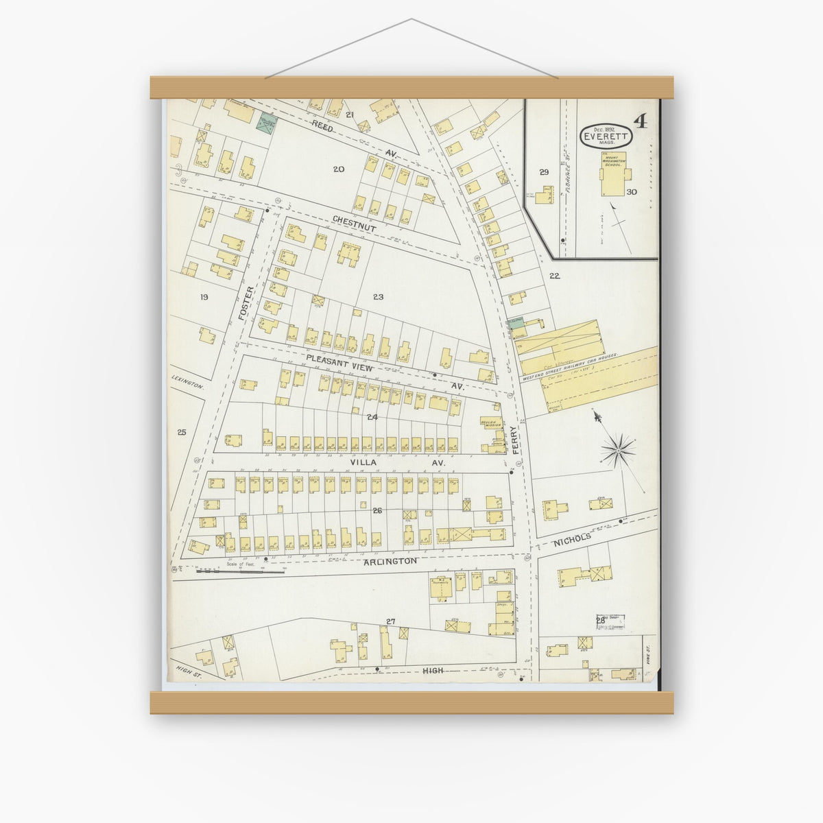 Old map wall art mockup — magnetic wood frame on white wall — Sanborn Fire Insurance Map from Everett, Middlesex County, Massachusetts (1892), Sheet #0004