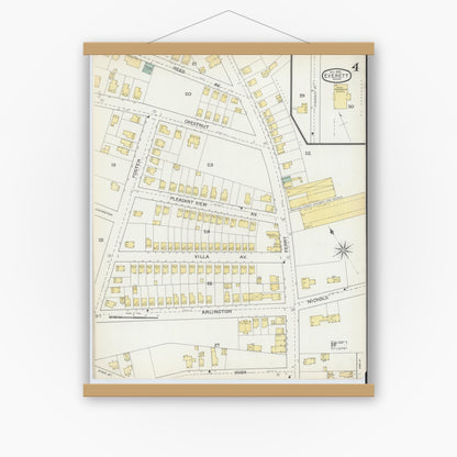 Old map wall art mockup — magnetic wood frame on white wall — Sanborn Fire Insurance Map from Everett, Middlesex County, Massachusetts (1892), Sheet #0004