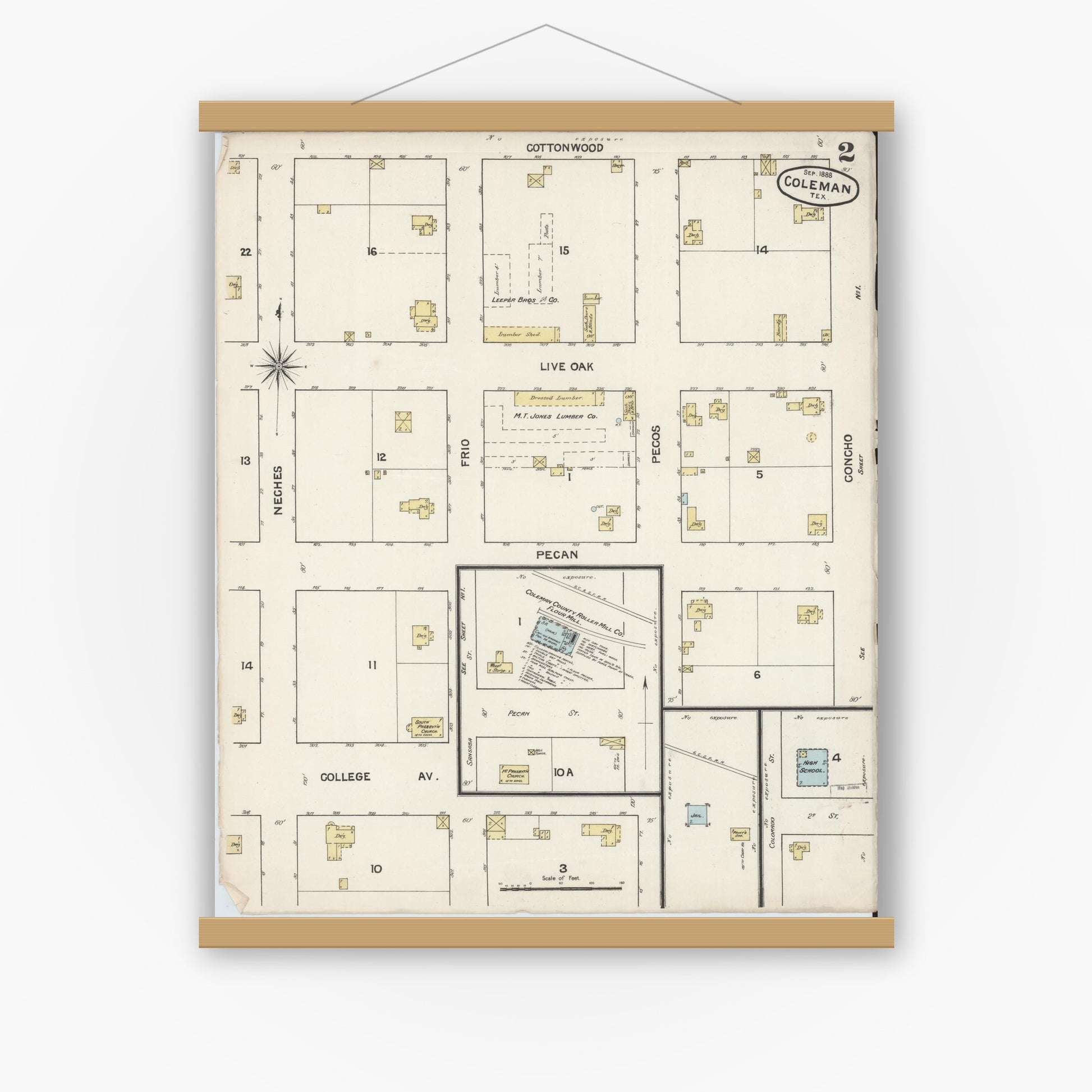 Old map wall art mockup — magnetic wood frame on white wall — Sanborn Fire Insurance Map from Coleman, Coleman County, Texas (1888), Sheet #0002