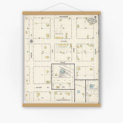 Old map wall art mockup — magnetic wood frame on white wall — Sanborn Fire Insurance Map from Coleman, Coleman County, Texas (1888), Sheet #0002