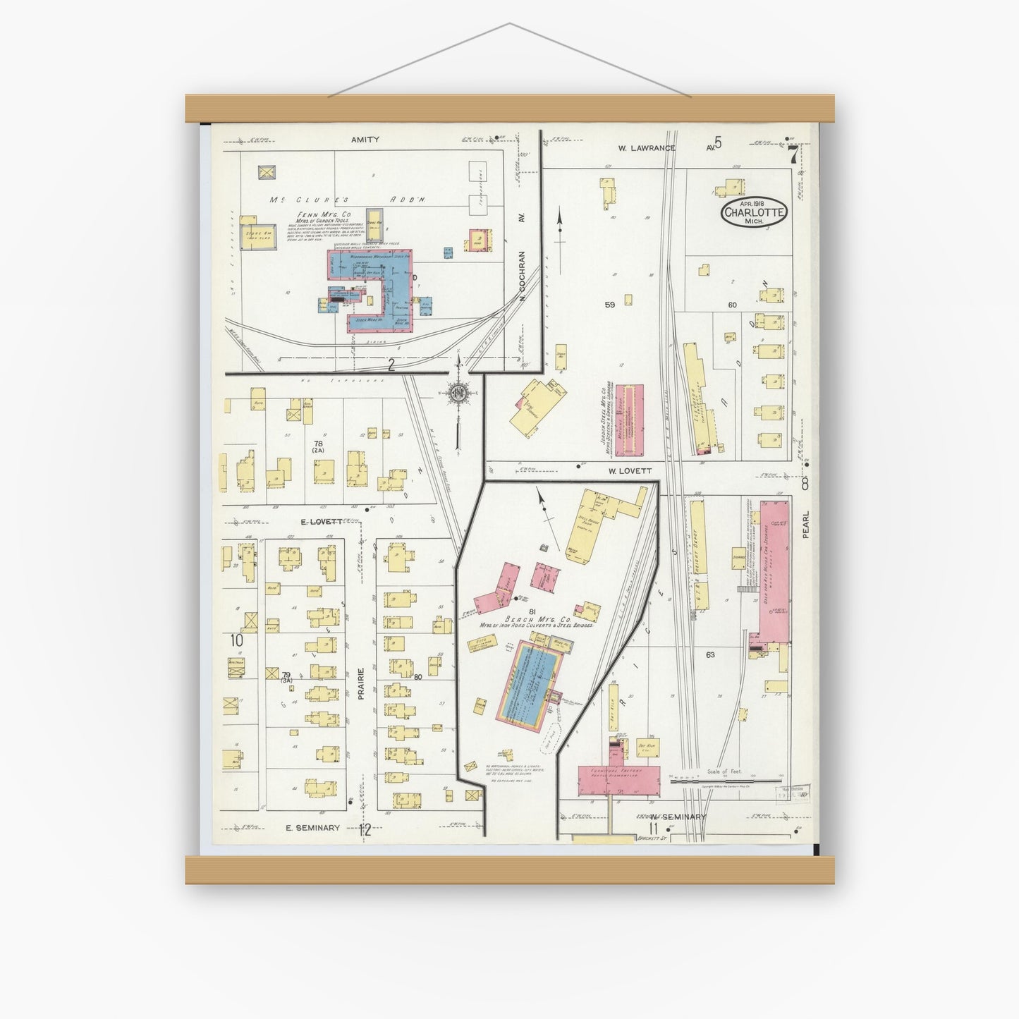 Old map wall art mockup — magnetic wood frame on white wall — Sanborn Fire Insurance Map from Charlotte, Eaton County, Michigan (1918), Sheet #0007