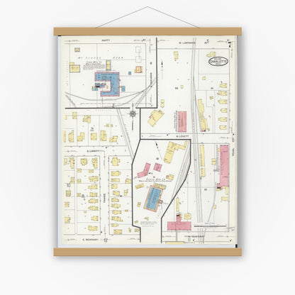Old map wall art mockup — magnetic wood frame on white wall — Sanborn Fire Insurance Map from Charlotte, Eaton County, Michigan (1918), Sheet #0007