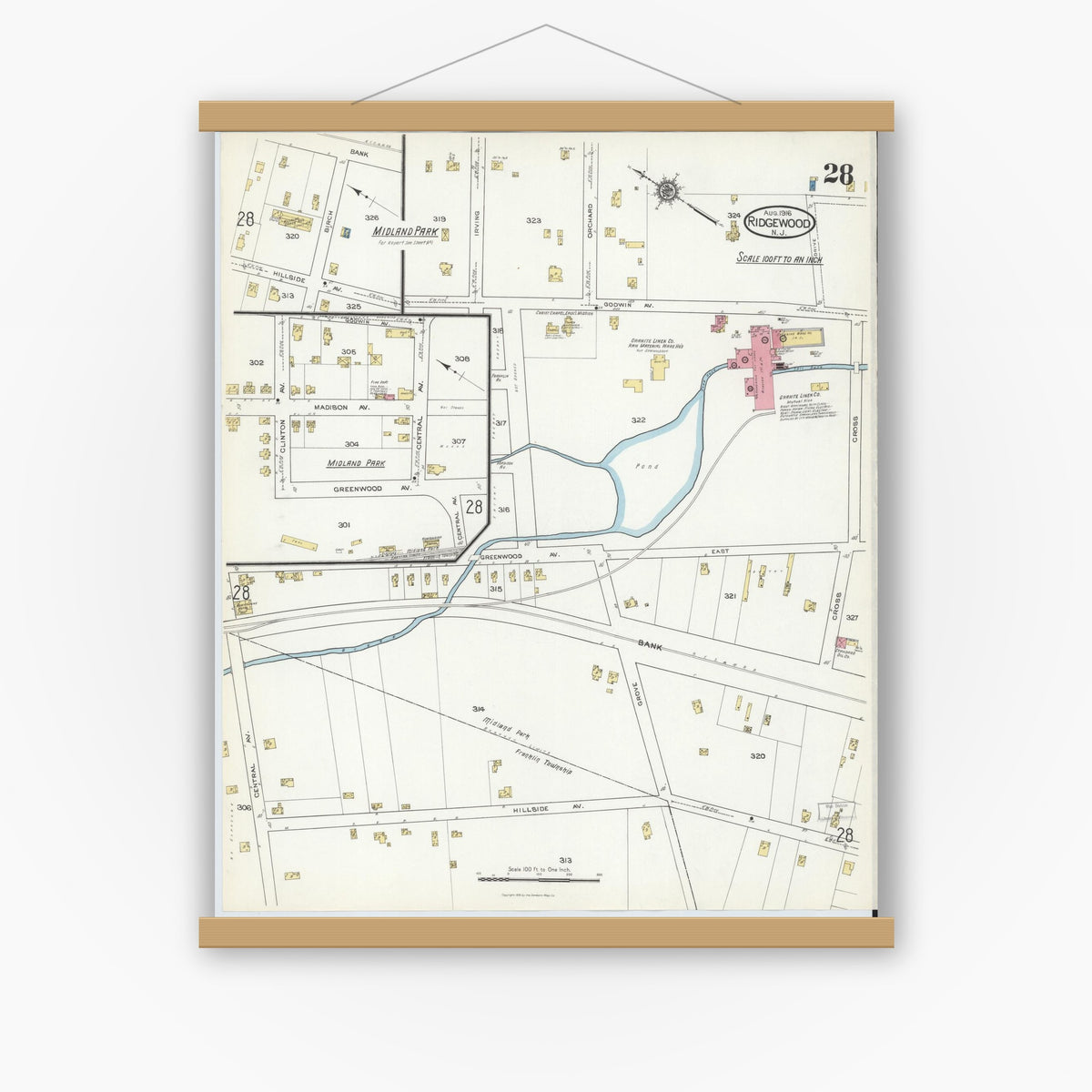 Old map wall art mockup — magnetic wood frame on white wall — Sanborn Fire Insurance Map from Ridgewood, Bergen County, New Jersey (1916), Sheet #0028