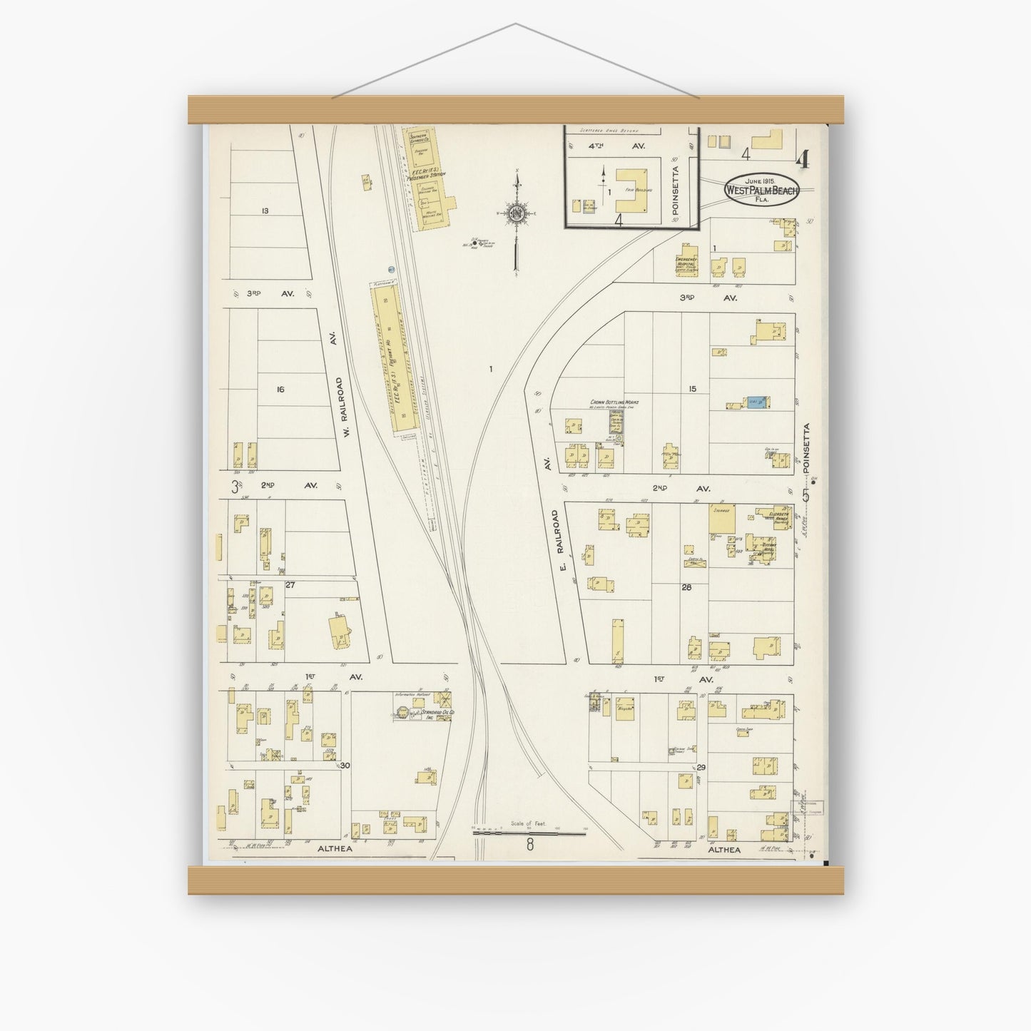 Old map wall art mockup — magnetic wood frame on white wall — Sanborn Fire Insurance Map from West Palm Beach, Dade County, Florida (1915), Sheet #0004