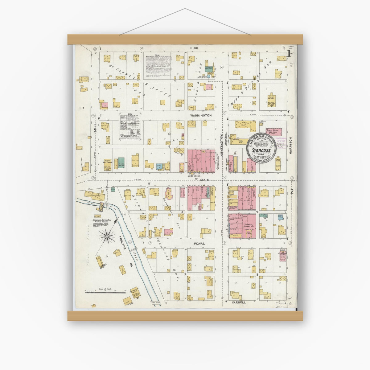 Old map wall art mockup — magnetic wood frame on white wall — Sanborn Fire Insurance Map from Syracuse, Kosciusko County, Indiana (1905) - Complete Map Set