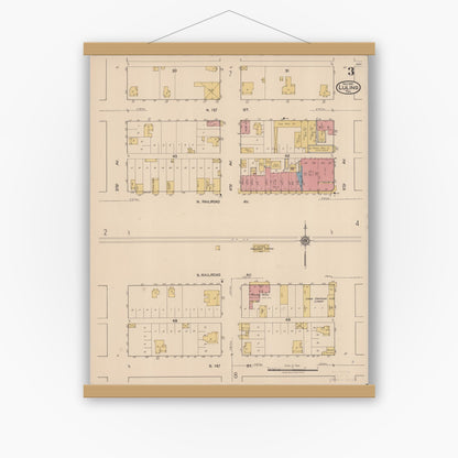 Old map wall art mockup — magnetic wood frame on white wall — Sanborn Fire Insurance Map from Luling, Caldwell County, Texas (1921), Sheet #0003
