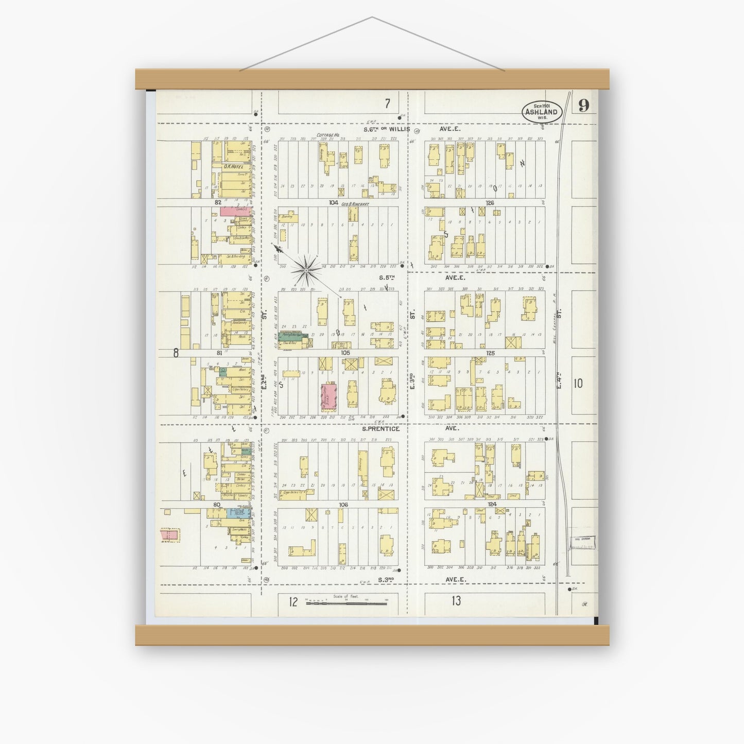 Old map wall art mockup — magnetic wood frame on white wall — Sanborn Fire Insurance Map from Ashland, Ashland County, Wisconsin (1901), Sheet #0009