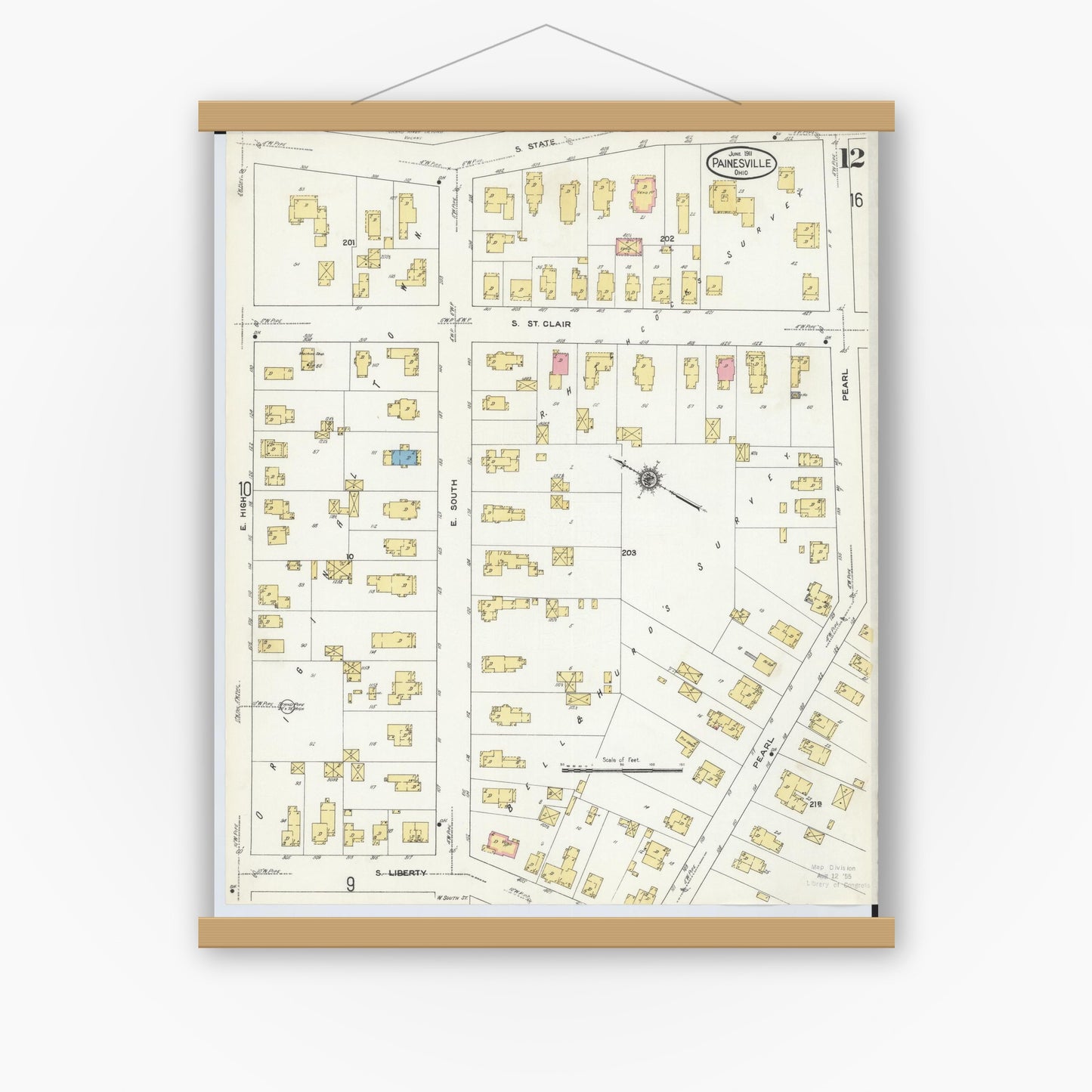Old map wall art mockup — magnetic wood frame on white wall — Sanborn Fire Insurance Map from Painesville, Lake County, Ohio (1911), Sheet #0012
