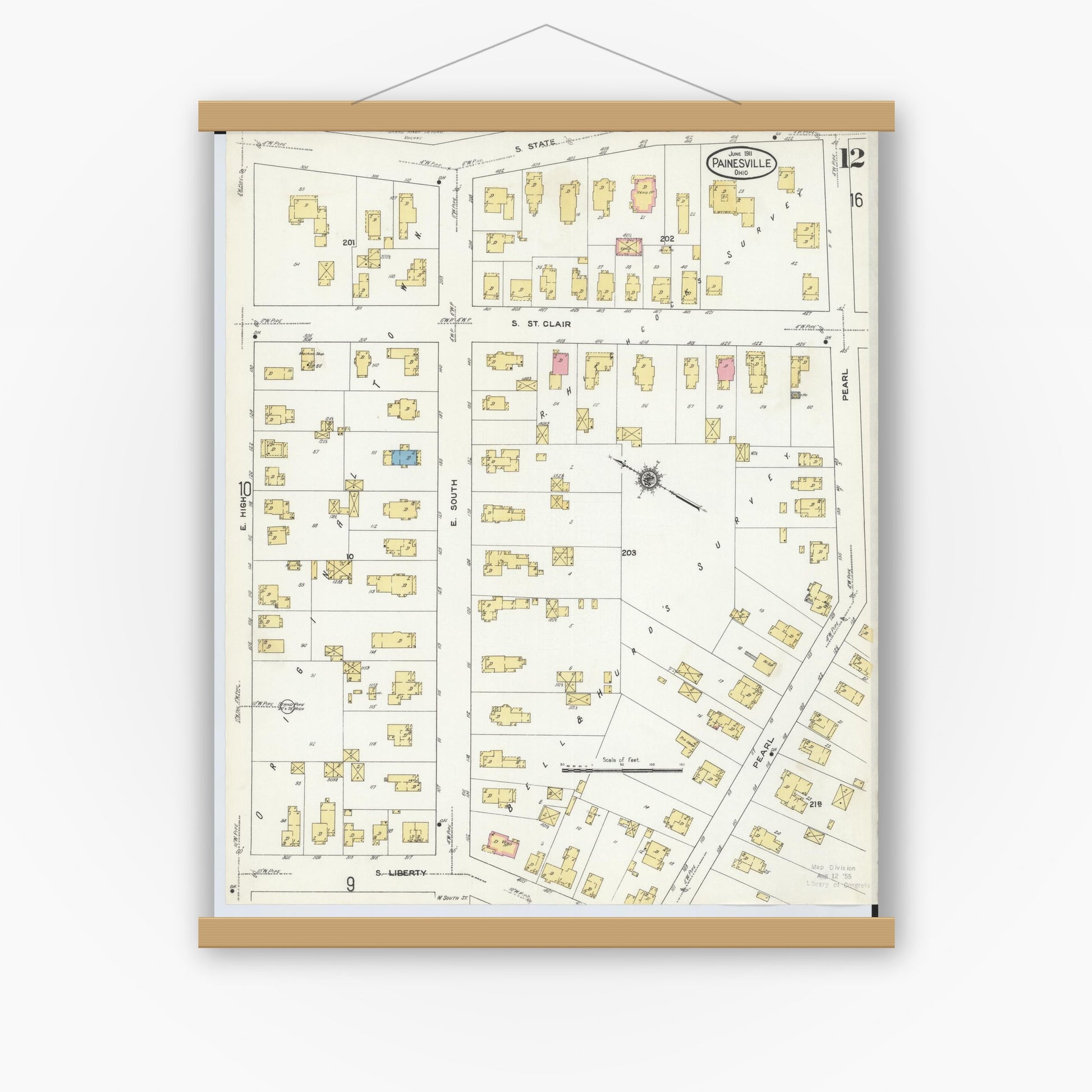Old map wall art mockup — magnetic wood frame on white wall — Sanborn Fire Insurance Map from Painesville, Lake County, Ohio (1911), Sheet #0012