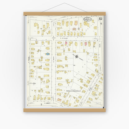 Old map wall art mockup — magnetic wood frame on white wall — Sanborn Fire Insurance Map from Painesville, Lake County, Ohio (1911), Sheet #0012