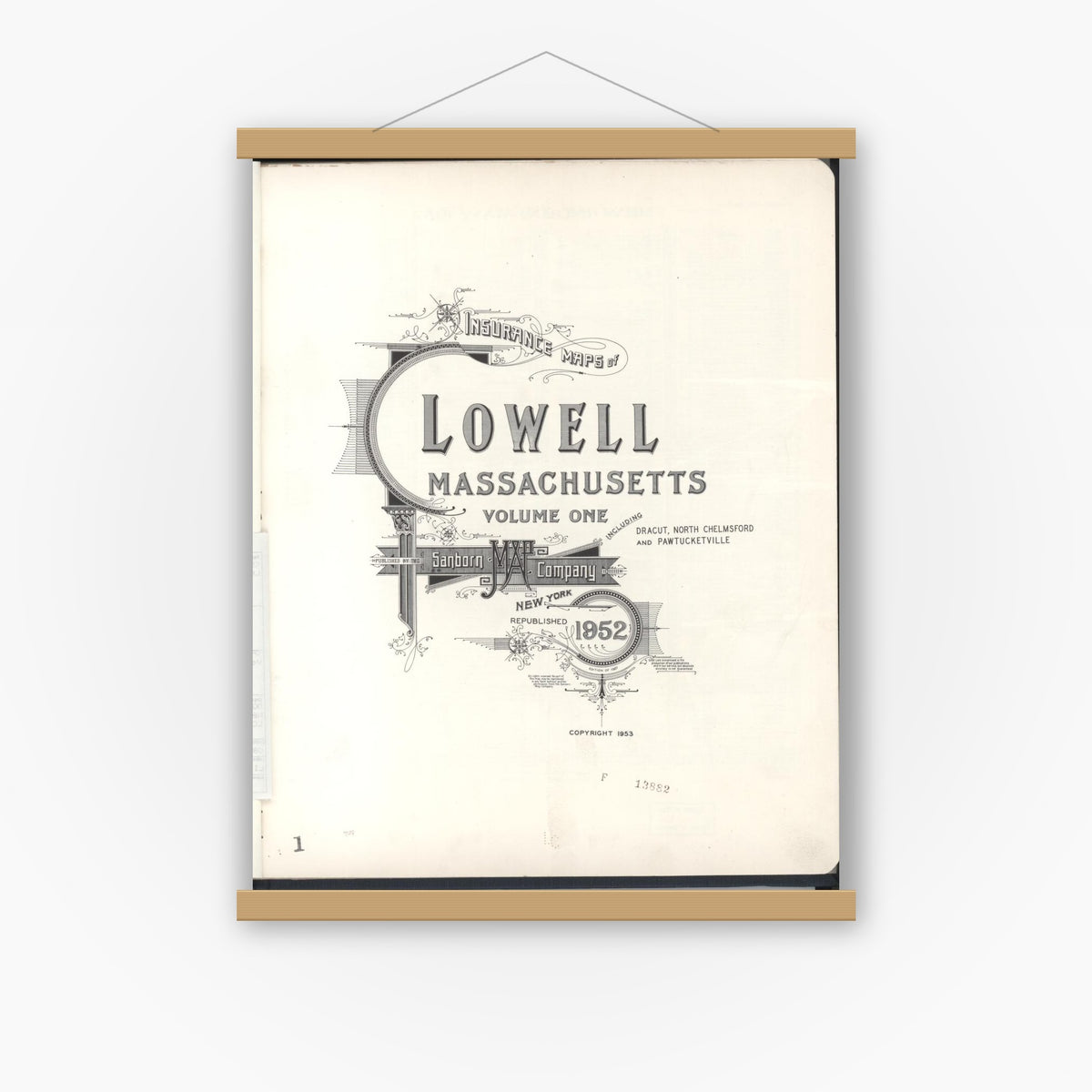 Old map wall art mockup — magnetic wood frame on white wall — Sanborn Fire Insurance Map from Lowell, Middlesex County, Massachusetts (1952), Sheet #0001