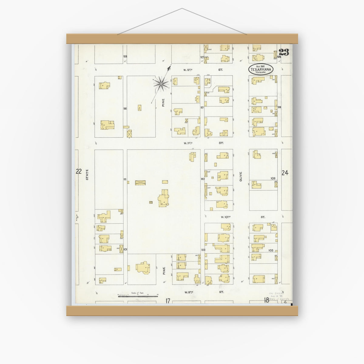 Old map wall art mockup — magnetic wood frame on white wall — Sanborn Fire Insurance Map from Texarkana, Bowie County, Texas (1905), Sheet #0023
