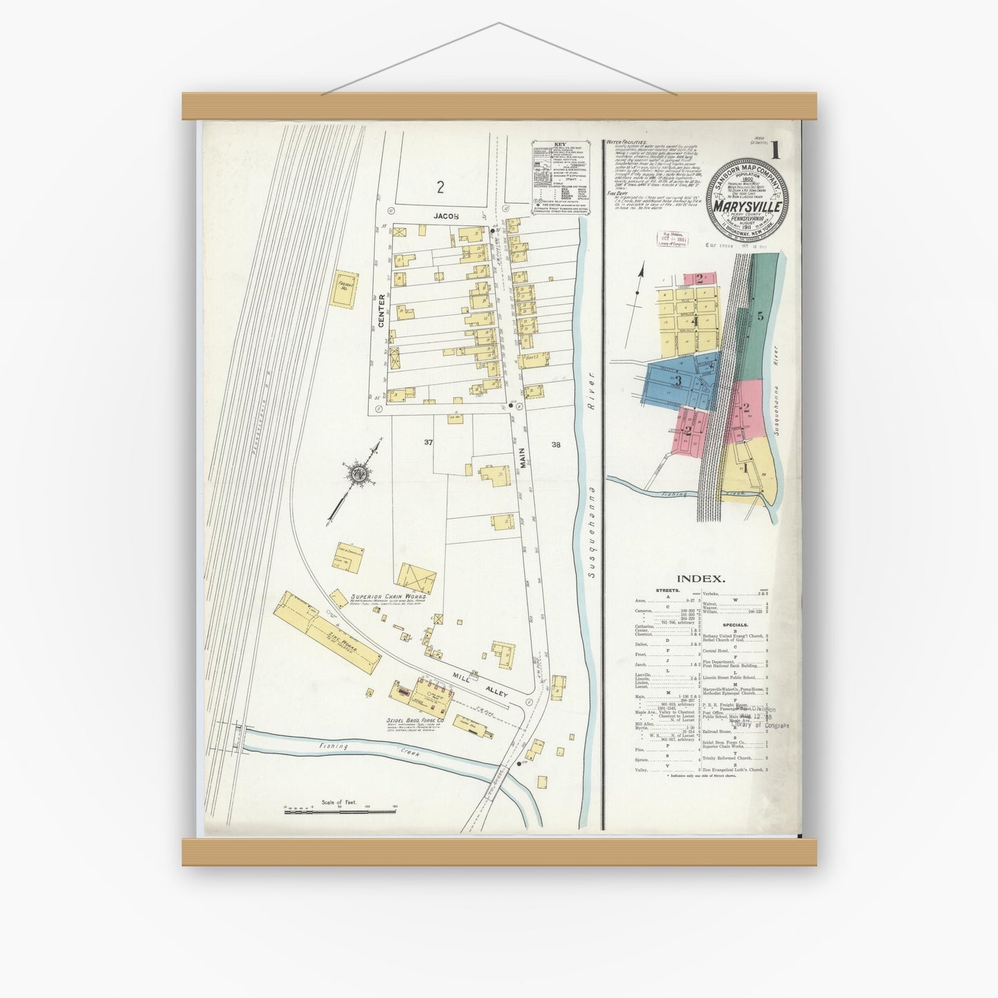 Old map wall art mockup — magnetic wood frame on white wall — Sanborn Fire Insurance Map from Marysville, Perry County, Pennsylvania (1911) - Complete Map Set