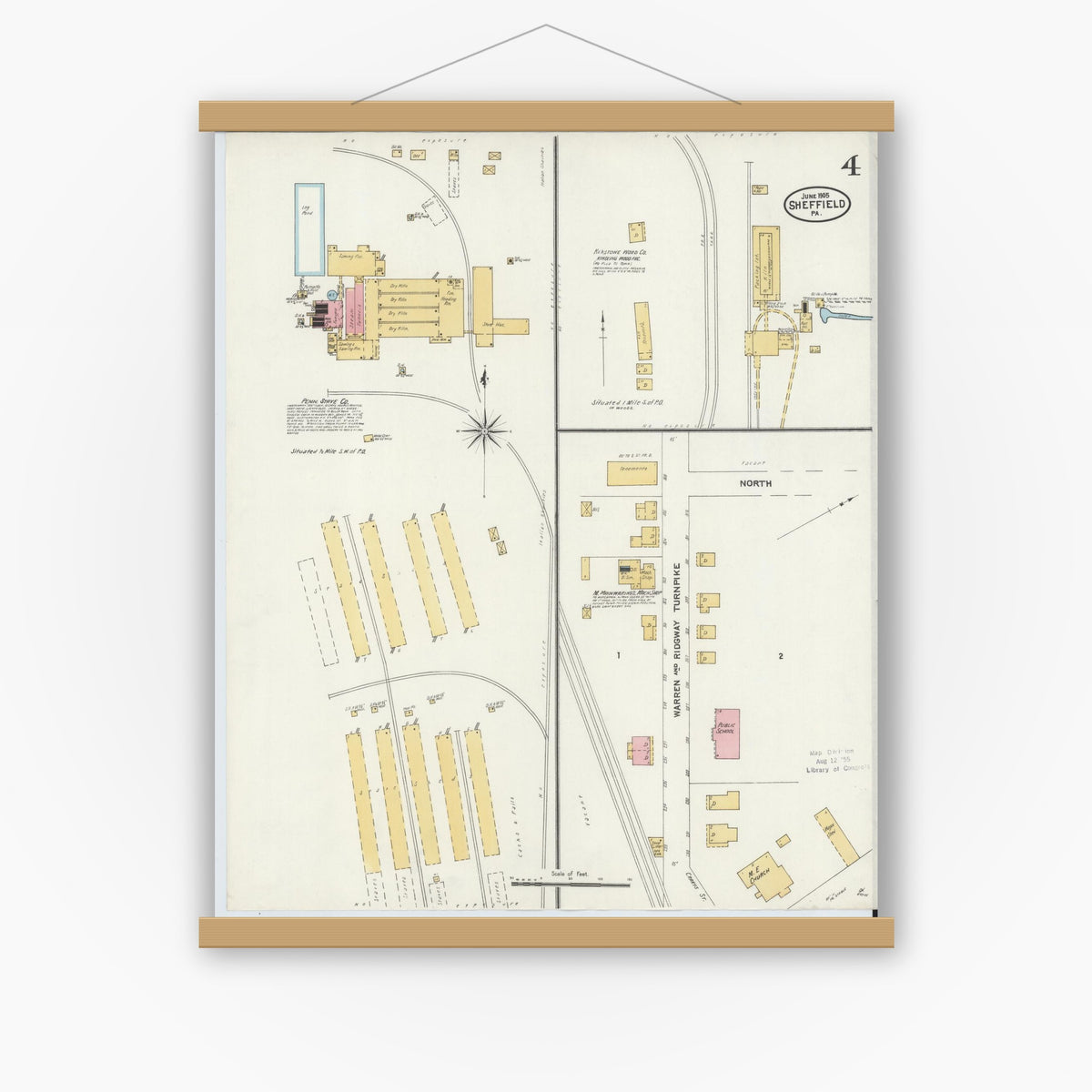 Old map wall art mockup — magnetic wood frame on white wall — Sanborn Fire Insurance Map from Sheffield, Warren County, Pennsylvania (1905), Sheet #0004