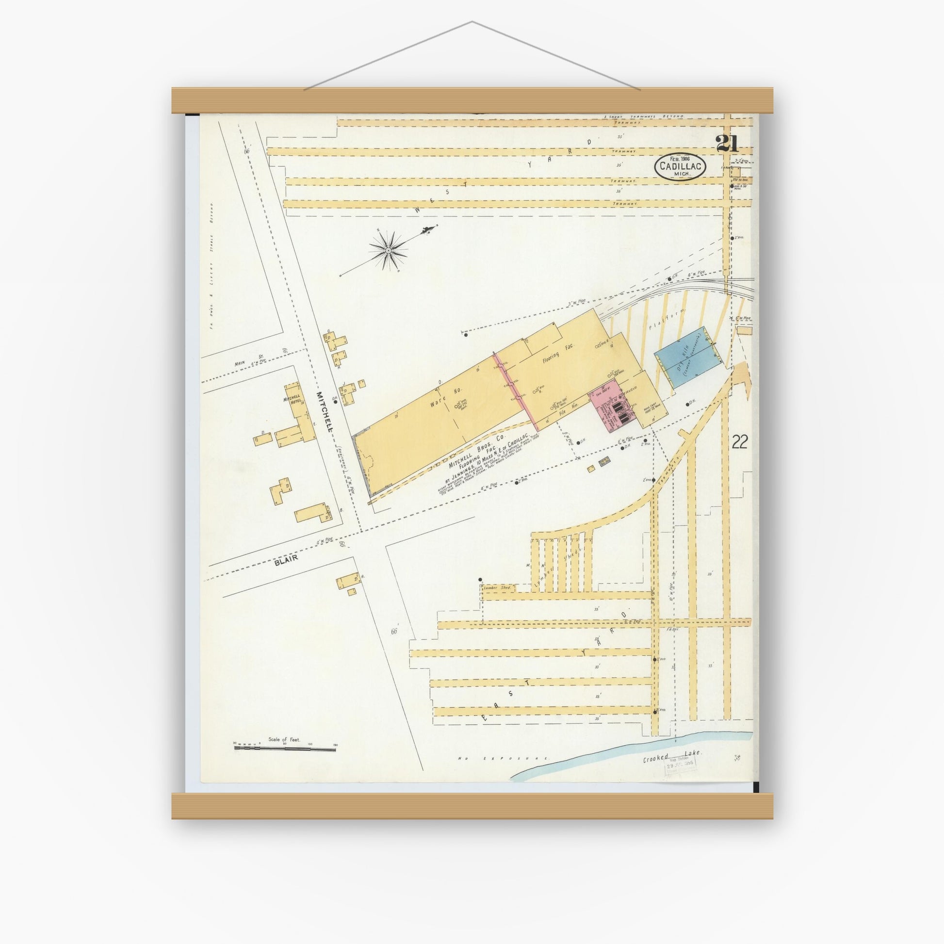 Old map wall art mockup — magnetic wood frame on white wall — Sanborn Fire Insurance Map from Cadillac, Wexford County, Michigan (1906), Sheet #0021