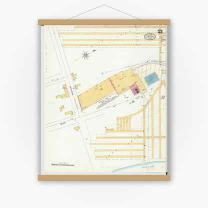 Old map wall art mockup — magnetic wood frame on white wall — Sanborn Fire Insurance Map from Cadillac, Wexford County, Michigan (1906), Sheet #0021
