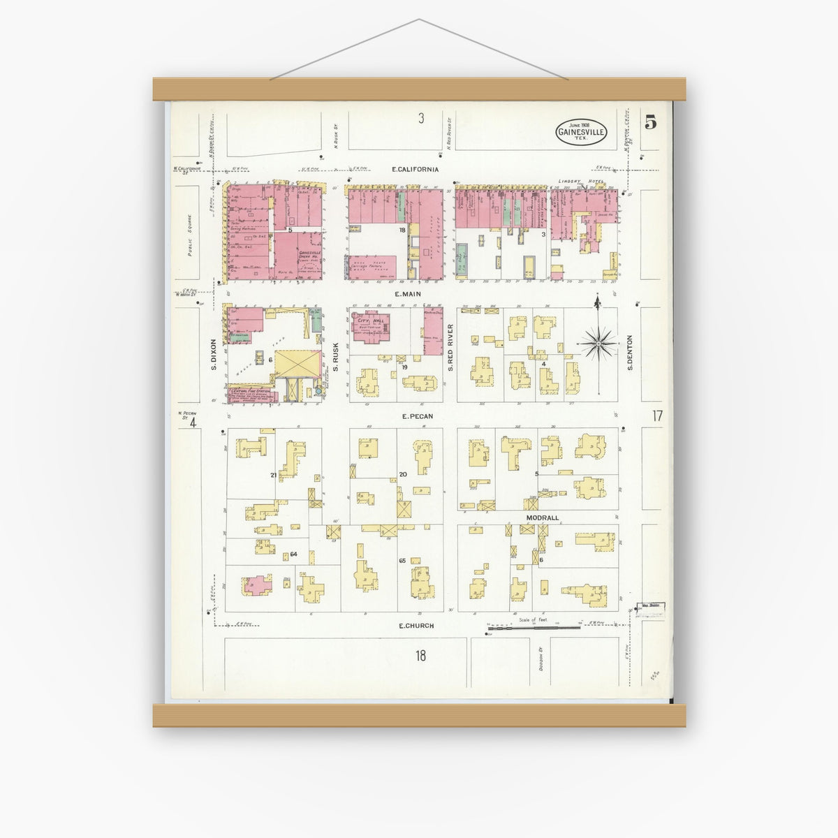 Old map wall art mockup — magnetic wood frame on white wall — Sanborn Fire Insurance Map from Gainesville, Cooke County, Texas (1908), Sheet #0005