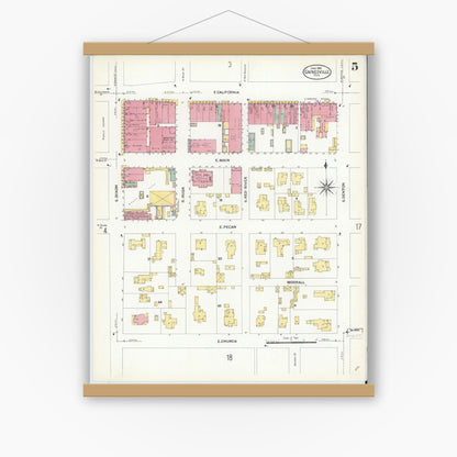Old map wall art mockup — magnetic wood frame on white wall — Sanborn Fire Insurance Map from Gainesville, Cooke County, Texas (1908), Sheet #0005
