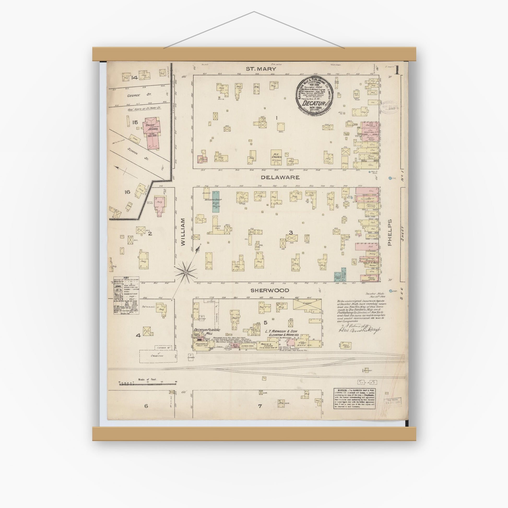Old map wall art mockup — magnetic wood frame on white wall — Sanborn Fire Insurance Map from Decatur, Van Buren County, Michigan (1884) - Complete Map Set
