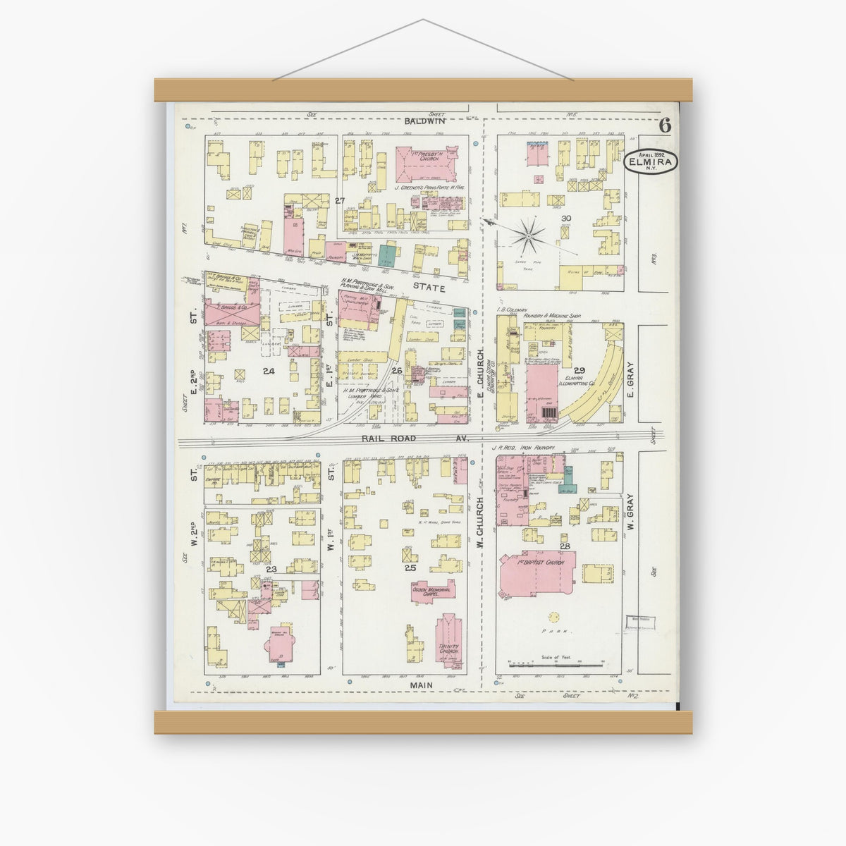 Old map wall art mockup — magnetic wood frame on white wall — Sanborn Fire Insurance Map from Elmira, Chemung County, New York (1892), Sheet #0006