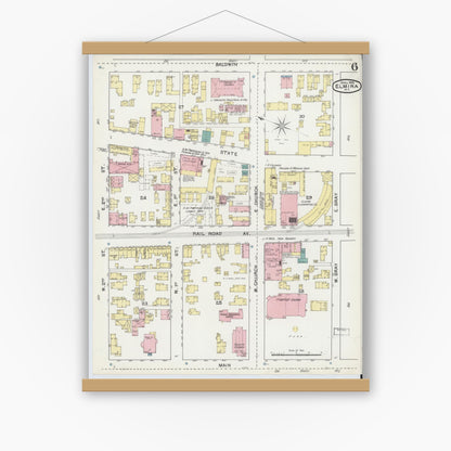 Old map wall art mockup — magnetic wood frame on white wall — Sanborn Fire Insurance Map from Elmira, Chemung County, New York (1892), Sheet #0006