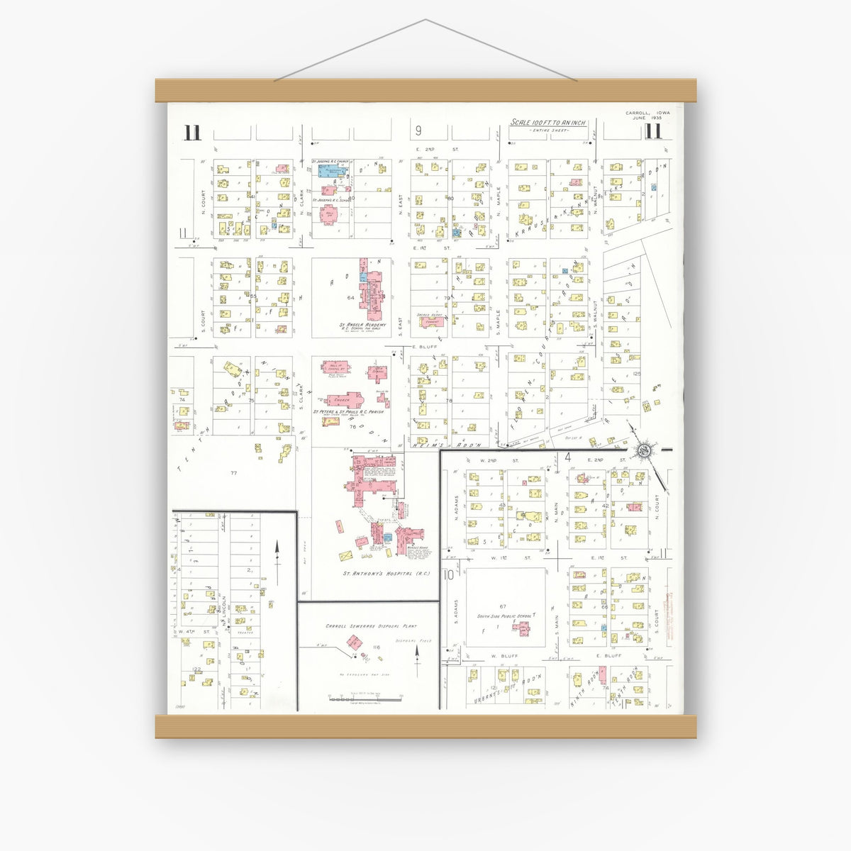 Old map wall art mockup — magnetic wood frame on white wall — Sanborn Fire Insurance Map from Carroll, Carroll County, Iowa (1935), Sheet #0011