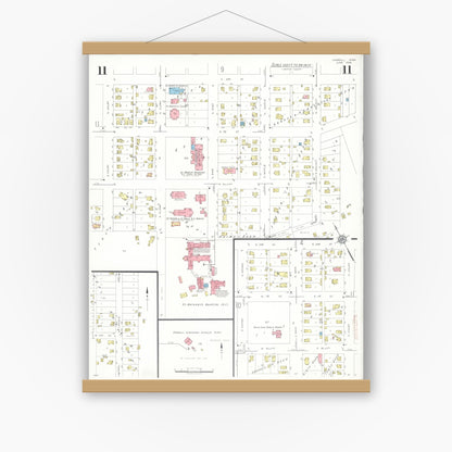 Old map wall art mockup — magnetic wood frame on white wall — Sanborn Fire Insurance Map from Carroll, Carroll County, Iowa (1935), Sheet #0011