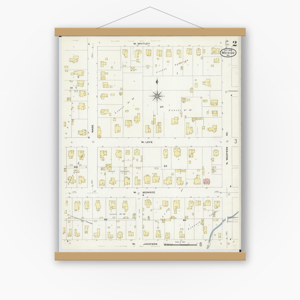 Old map wall art mockup — magnetic wood frame on white wall — Sanborn Fire Insurance Map from Mexico, Audrain County, Missouri (1908), Sheet #0002