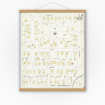 Old map wall art mockup — magnetic wood frame on white wall — Sanborn Fire Insurance Map from Mexico, Audrain County, Missouri (1908), Sheet #0002