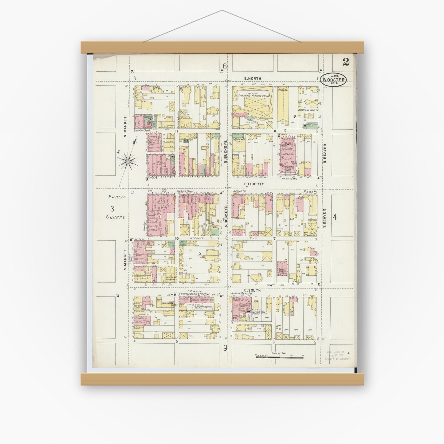 Old map wall art mockup — magnetic wood frame on white wall — Sanborn Fire Insurance Map from Wooster, Wayne County, Ohio (1898), Sheet #0002