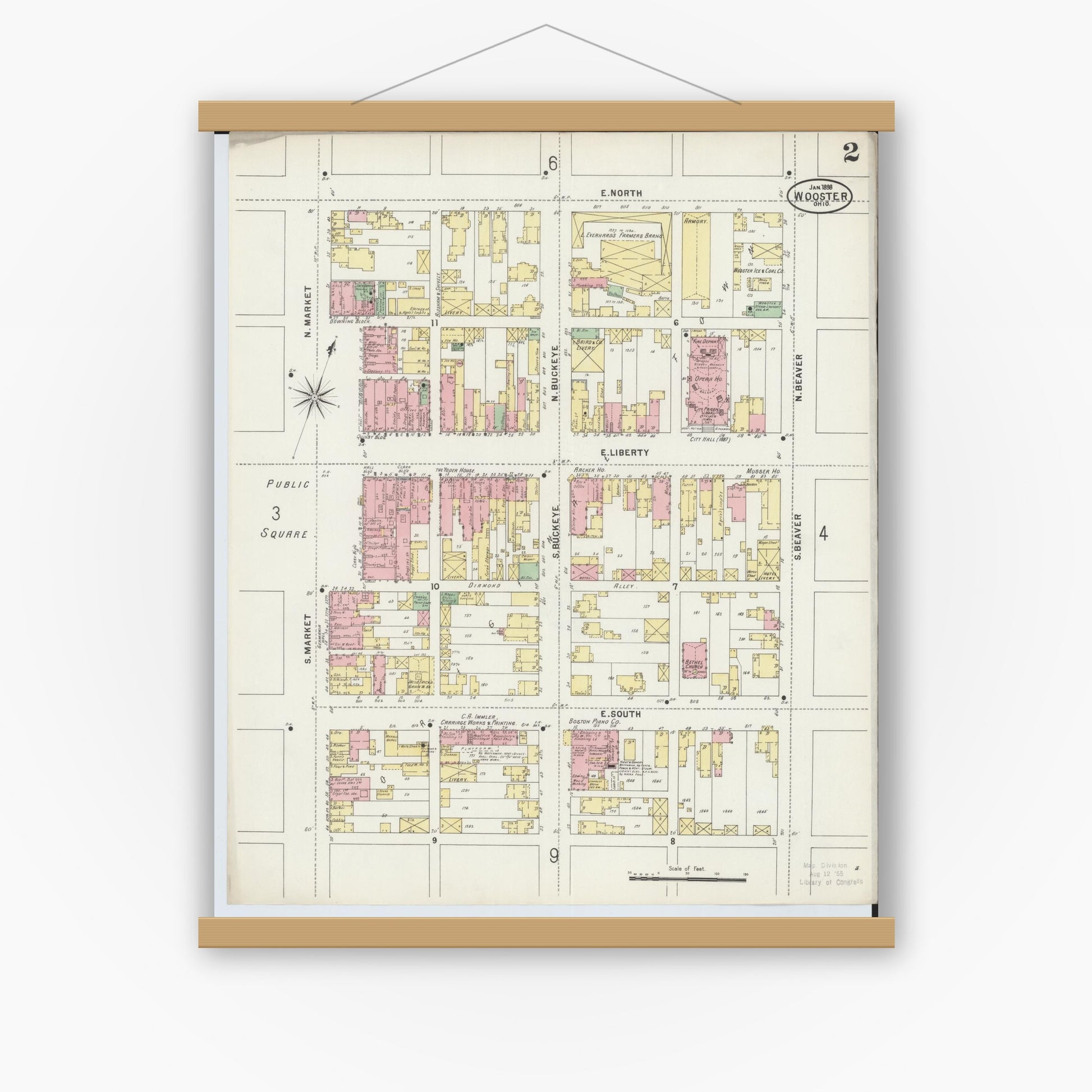 Old map wall art mockup — magnetic wood frame on white wall — Sanborn Fire Insurance Map from Wooster, Wayne County, Ohio (1898), Sheet #0002