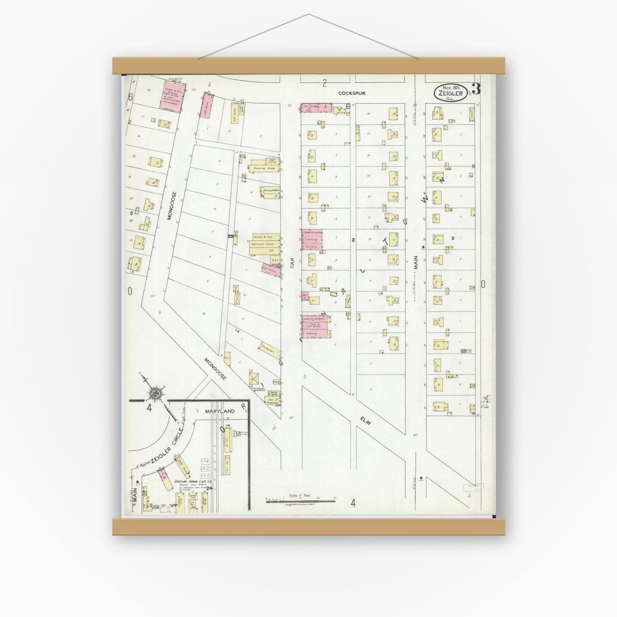 Old map wall art mockup — magnetic wood frame on white wall — Sanborn Fire Insurance Map from Zeigler, Franklin County, Illinois (1921), Sheet #0003