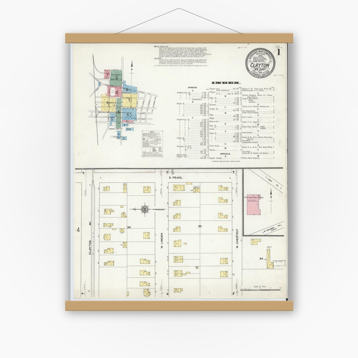 Old map wall art mockup — magnetic wood frame on white wall — Sanborn Fire Insurance Map from Clayton, Gloucester County, New Jersey (1910) - Complete Map Set