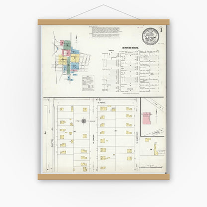 Old map wall art mockup — magnetic wood frame on white wall — Sanborn Fire Insurance Map from Clayton, Gloucester County, New Jersey (1910) - Complete Map Set